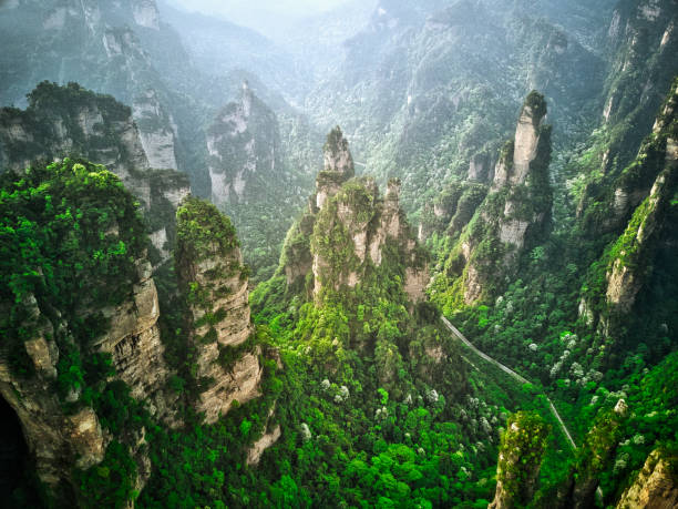 Road into Valley, Mountains in Zhangjiajie, China Zhangjiajie National Forest Park zhangjiajie stock pictures, royalty-free photos & images