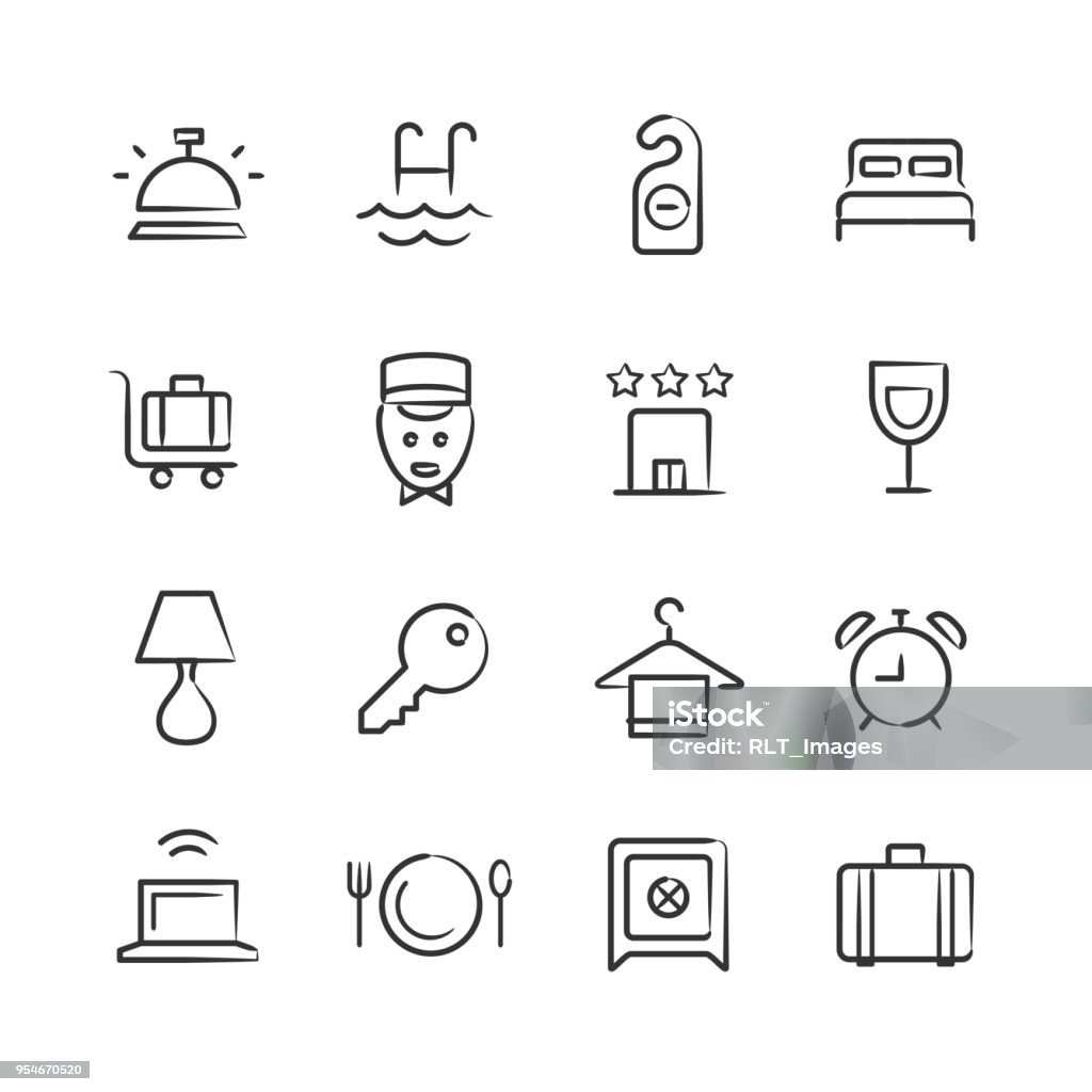Hotel Icons — Sketchy Series Professional icon set in sketch style. Vector artwork is easy to colorize, manipulate, and scales to any size. Hotel stock vector