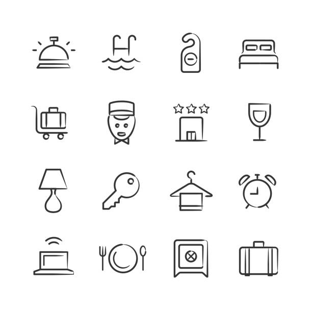 Hotel Icons — Sketchy Series Professional icon set in sketch style. Vector artwork is easy to colorize, manipulate, and scales to any size. drawing of the hotel reception stock illustrations