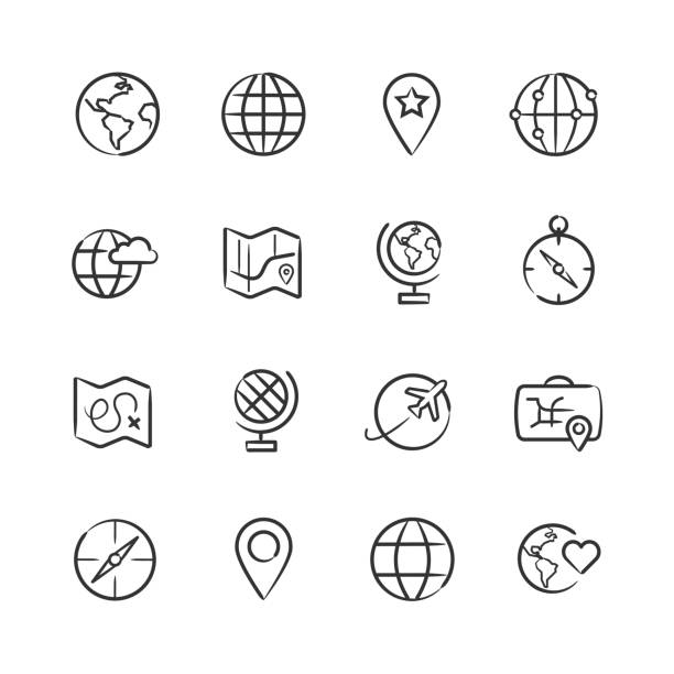 지도 지구본 아이콘-스케치 시리즈 - compass drawing compass map cartography stock illustrations