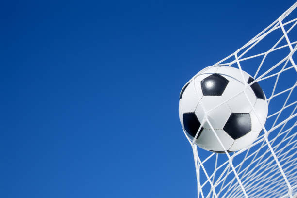 Soccer ball on the goal net stock photo
