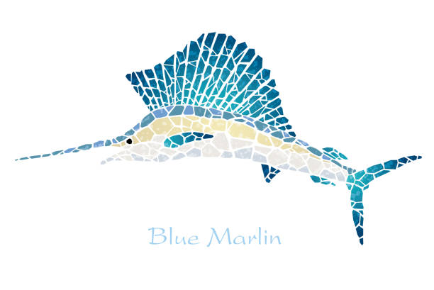ilustrações de stock, clip art, desenhos animados e ícones de mosaic blue marlin with text space. - marlin sailfish nature saltwater fish