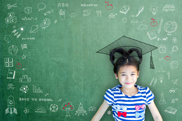 istock Smart educated school kid student with graduation hat doodle on chalkboard  for children's education success and scholarship concept 954687642