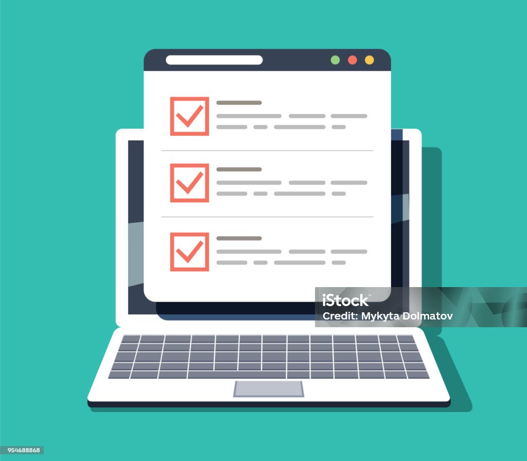 チェックリスト ブラウザー ウィンドウ。チェック マーク。ノート パソコンの画面に白いダニ。選択、調査の概念。 - アンケートのロイヤリティフリーベクトルアート