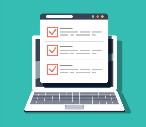 Checklist browser window. Check mark. White tick on laptop screen. Choice, survey concepts. Checklist browser window. Check mark. White tick on laptop screen. Choice survey concepts. Elements for web banners, websites infographics. Flat design, vector illustration on background filling out stock illustrations