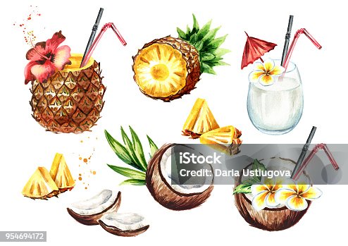 istock Pina colada cocktail set with coconut and pineapple. Watercolor hand drawn illustration,  isolated on white background 954694172