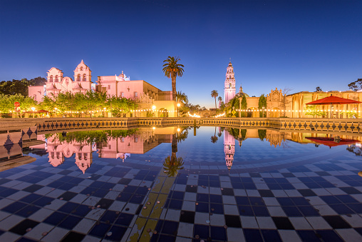 San Diego, California, USA plaza fountain at night.