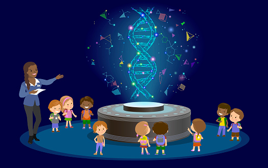 Innovation education elementary school learning technology - group of kids looking to molecule of DNA. hologram on biology lesson future museum center vector.