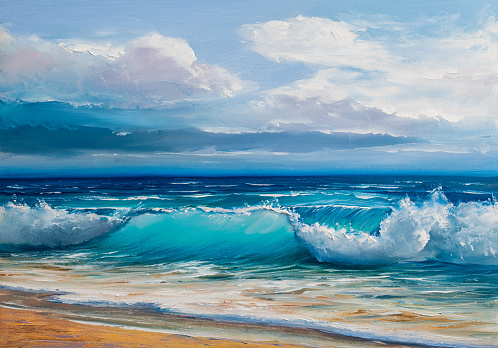 Blue, tropical sea and beach. Wave, illustration, oil painting on a canvas.