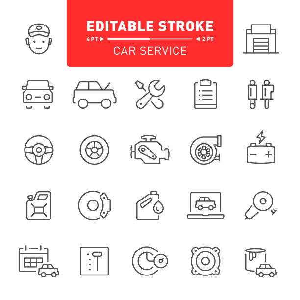 Car Service Icons Car service, auto repair shop, auto parts, auto, maintenance, icon, icon set, outline, editable stroke turbo stock illustrations