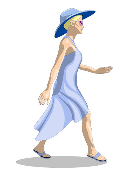 illustrations, cliparts, dessins animés et icônes de une fille dans une robe d’été et un chapeau est à pied. - mannequin human hand white white background