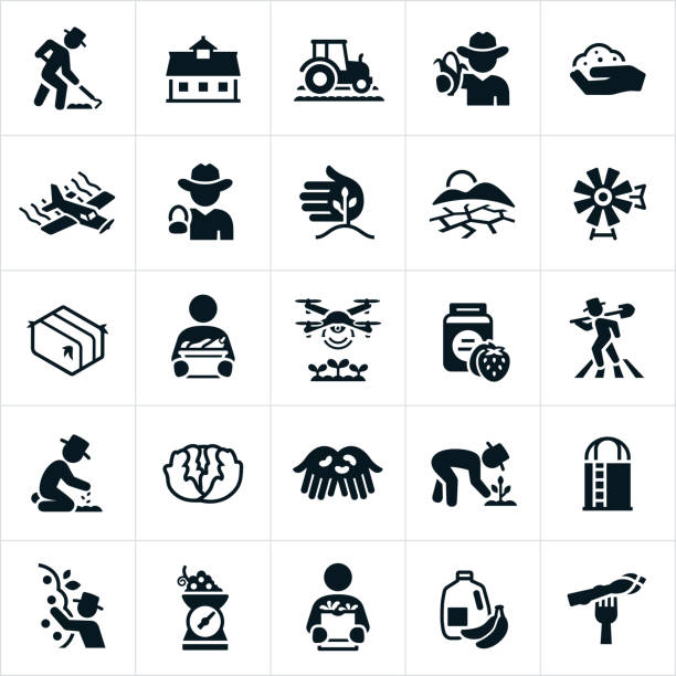 Agriculture and Farming Icons Icons related to the agriculture industry. The icons include famers farming, barn, farm equipment, crops, crop duster, drought, windmill, hay bail, vegetables, drone, jam, planting, cultivating, lettuce, silo, harvesting, apples, grapes, fruit, produce and a shopper to name a few. farmer icons stock illustrations