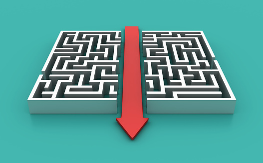 Maze with Arrow Shortcut Solution - Colored Background - 3D Rendering