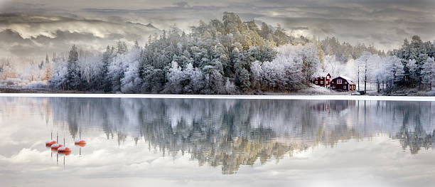 Panorama of snow covered trees and house with reflection stock photo