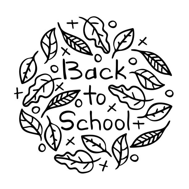 ręcznie rysowane napisy - powrót do szkoły, z liśćmi i tic-tac-toe. czarno-biała grafika liniowa. - line art welcome sign white black stock illustrations