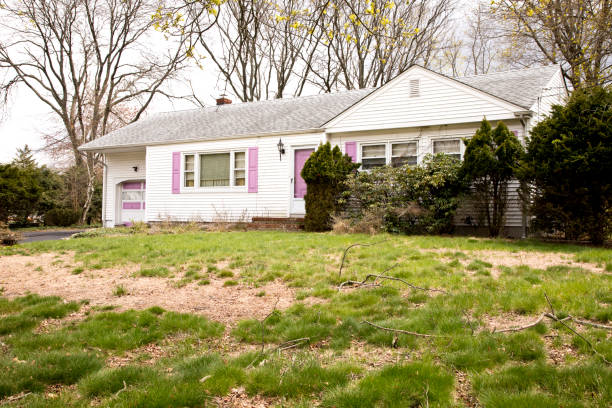 istock Run down house with dead lawn and unkempt shrubs 954712350