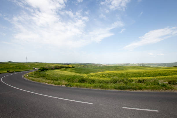 Tuscan country road in a curve with green fields on the sides. road trip in Italy, in the Tuscan countryside. stock photo