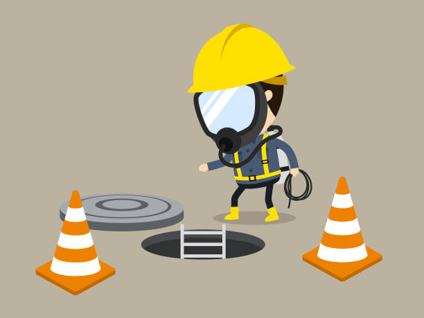 Wear the enclosed space safety equipment Vector illustration, Safety and accident, Industrial safety cartoon person oxygen tank stock illustrations