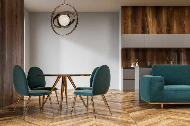 istock Wooden kitchen inteiror, green sofa 954716344
