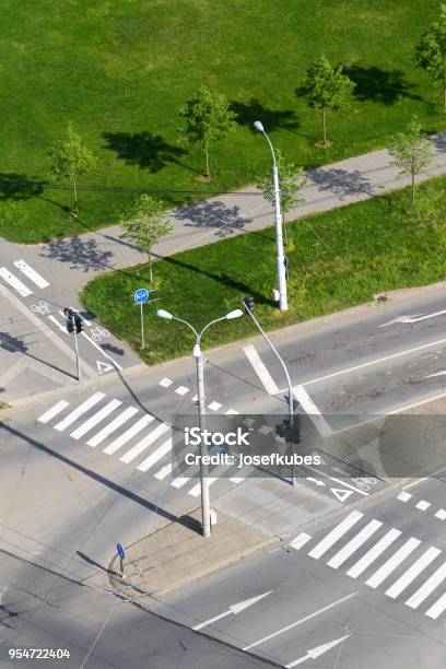 Crosswalk And Bike Crossing Line On Empty Crossroad Driverless Technology Stock Photo - Download Image Now