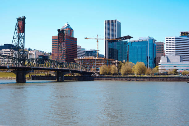 Portland Oregon Waterfront with Hawthorne Bridge stock photo