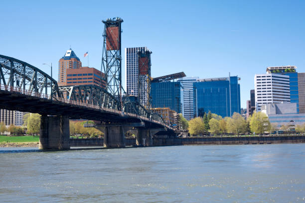 Portland Oregon Waterfront with Hawthorne Bridge stock photo