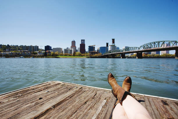 Portland Oregon Waterfront from Dock with Hawthorne Bridge stock photo