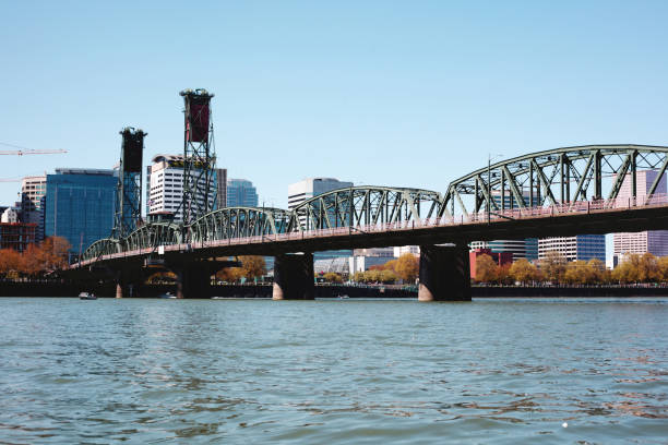 Portland Oregon Waterfront with Hawthorne Bridge stock photo