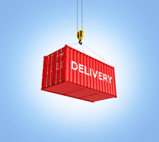 istock Cargo shipping container loading concept the crane lifts the container with an inscription delivery on blue gradient background 3d 954726810