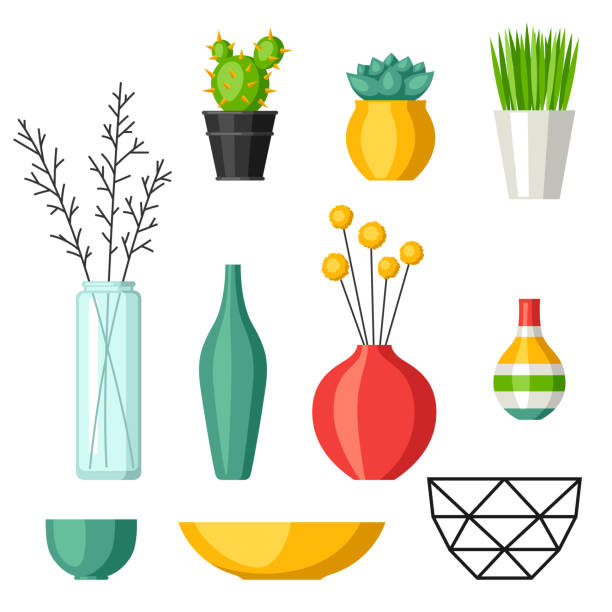 ilustrações de stock, clip art, desenhos animados e ícones de home decoration vases flower pots, succulents and cacti - home accessories
