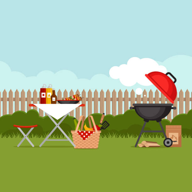 ilustraciones, imágenes clip art, dibujos animados e iconos de stock de fondo de fiesta barbacoa con parrilla. cartel de la barbacoa. plano de estilo, ilustración del vector. - barbecue grill illustrations