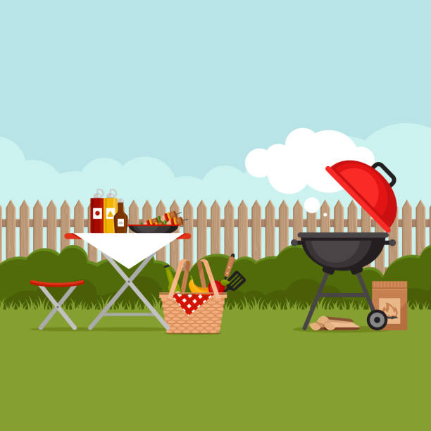 illustrazioni stock, clip art, cartoni animati e icone di tendenza di sfondo della festa barbecue con griglia. poster barbecue. stile piatto, illustrazione vettoriale. - garden