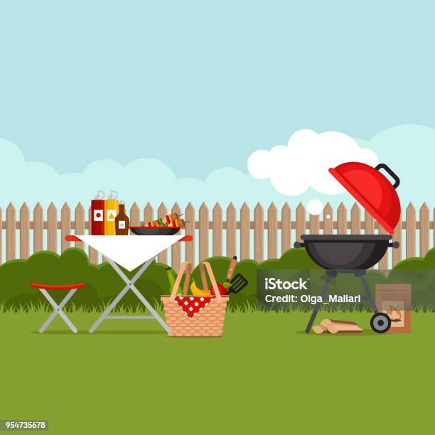 Bbq Party Background With Grill Barbecue Poster Flat Style Vector Illustration Stock Illustration - Download Image Now