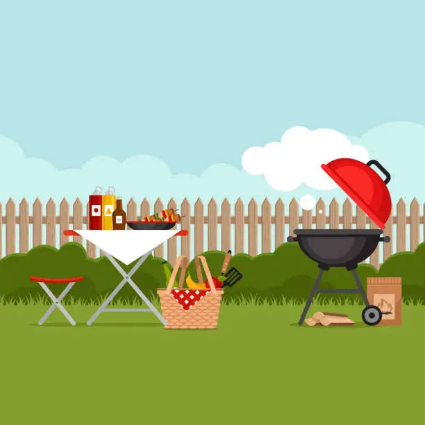 Vector illustration of Bbq party background with grill. Barbecue poster. Flat style, vector illustration.