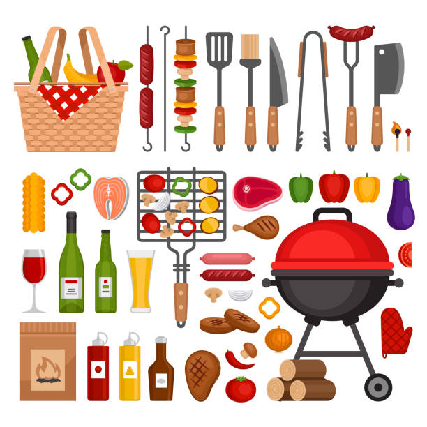 illustrazioni stock, clip art, cartoni animati e icone di tendenza di set di strumenti per barbecue. barbecue griglia elementi isolati. stile piatto, illustrazione vettoriale. - heated vegetables