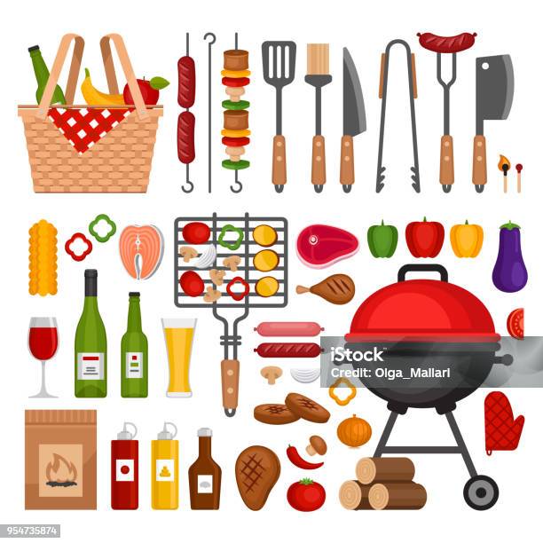 Bbq Tools Set Barbecue Grill Isolated Elements Flat Style Vector Illustration Stock Illustration - Download Image Now