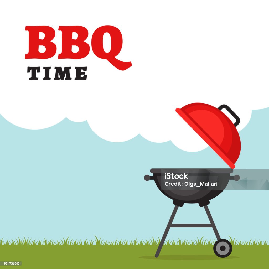 BBQ Party Hintergrund mit Grill und Kamin. Grill-Plakat. Flache Stil, Vektor-Illustration. - Lizenzfrei Gartengrill Vektorgrafik