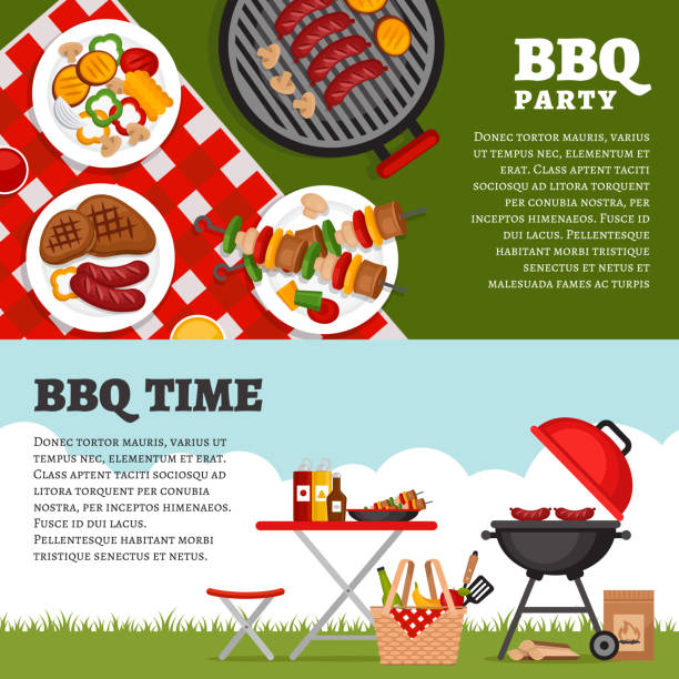 illustrations, cliparts, dessins animés et icônes de bbq partie de fond avec grill. affiche de barbecue. appartement de style, vector illustration. - mustard bottle sauces condiment