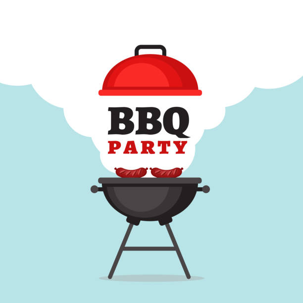 Bbq party background with grill and fire. Barbecue poster. Flat style, vector illustration. Bbq party background with grill and fire. Barbecue poster. Flat style, vector illustration. bbq stock illustrations