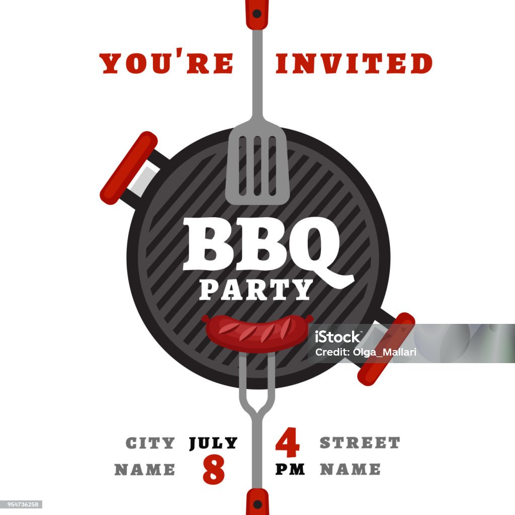 Bbq party background with grill. Barbecue poster. Flat style, vector illustration. Barbecue Grill stock vector