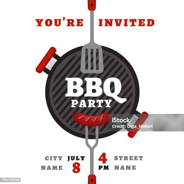 Bbq Party Background With Grill Barbecue Poster Flat Style Vector Illustration Stock Illustration - Download Image Now