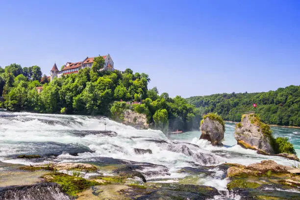 The Rhine Falls is the largest waterfall in Europe, Schaffhausen, Switzerland. Swiss canton of Schaffhausen in northern Switzerland