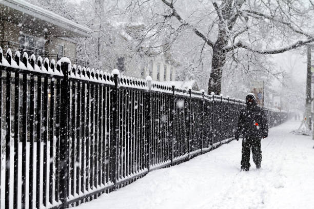 Man walking in a blizzard A solitary man, all in black, walks through deep snow during a late winter blizzard. philadelphia winter stock pictures, royalty-free photos & images