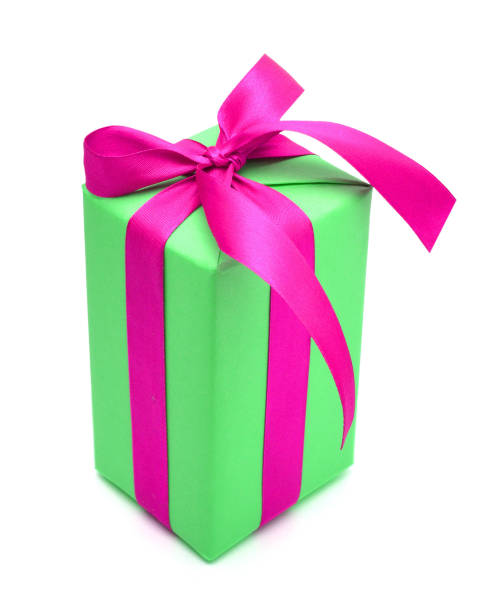 istock Green gift box with pink ribbon on white 954748546