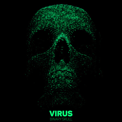 Vector skull constructed with green binary code. Internet security concept illustration. Virus or malware abstract visualization. Hacking big data image.