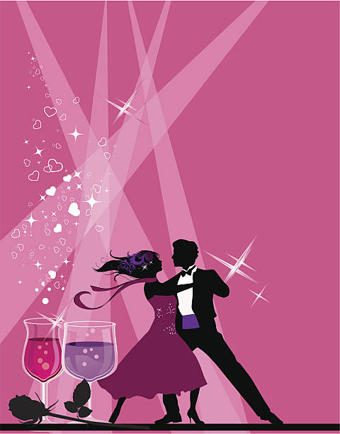 Illustration of ballroom dancers on a pink back with wine vector art illustration