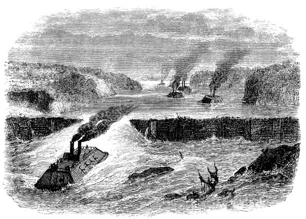 ilustrações, clipart, desenhos animados e ícones de barragem bailey está no rio vermelho, feita durante a guerra civil americana - bailey