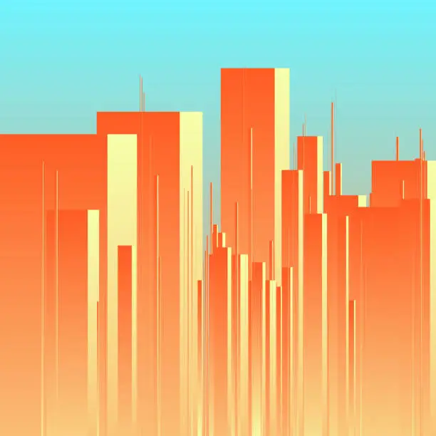 Vector illustration of Abstract futuristic city vector background. View of town center with towers. Minimalistic illustration of cityscape with large buildings. Skyline with high rise skyscrapers in morning sunrise backdrop