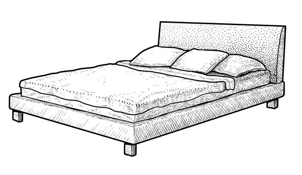 Bed illustration, drawing, engraving, ink, line art, vector Illustration, what made by ink and pencil on paper, then it was digitalized. bed frame stock illustrations