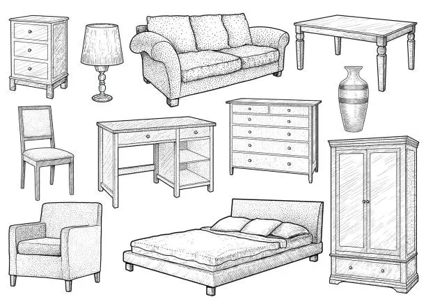 Vector illustration of Furniture collection illustration, drawing, engraving, ink, line art, vector